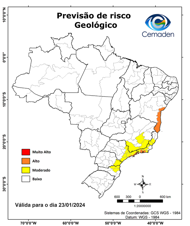 Figura 2 - Probabilidade de ocorrência de deslizamentos em ao menos um município das mesorregiões (e/ou subdivisões regionais) indicadas. Este mapa é elaborado por uma equipe multidisciplinar, levando em consideração as condições dos cenários de riscos geológicos atuais somados à previsão de chuva.