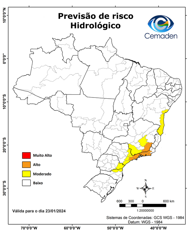 Figura 1 - Possibilidade de ocorrência de eventos hidrológicos em ao menos um município das mesorregiões indicadas. Este mapa é elaborado por uma equipe multidisciplinar, levando em consideração os cenários de riscos hidrológicos atuais somados à previsão de chuva.