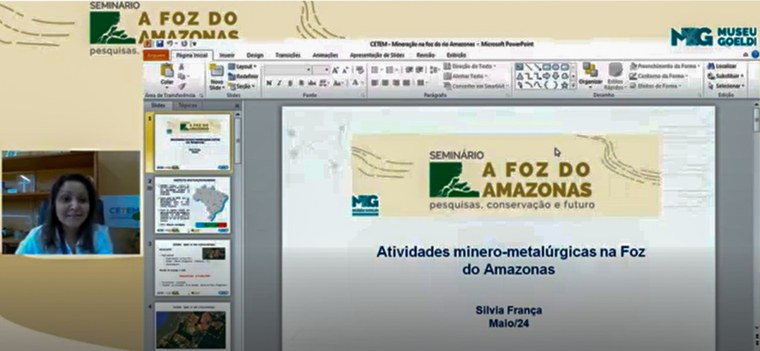 Diretora do CETEM, Silvia França, ministrando sua palestra durante seminário 'A foz do Amazonas: pesquisas, conservação e futuro'