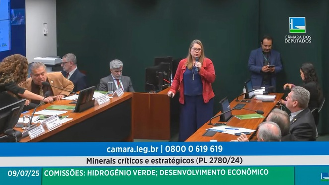Luciana Contador realizando sua apresentação sobre o projeto sobre Minerais Críticos e Estratégicos