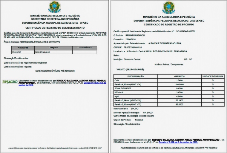 Figura 1: Certificado de Registro de Estabelecimento (à esquerda) e Certificado de Registro de Produto Remineralizador (à direita) concedidos pelo Ministério da Agricultura, Pecuária e Abastecimento - MAPA a empresa Alto Vale Mineração LTDA, de Trombudo Central – SC, a partir do Relatório de Eficiência Agronômica desenvolvido pelo Centro de Tecnologia Mineral/Núcleo Regional do Espírito Santo – CETEM-NRES.