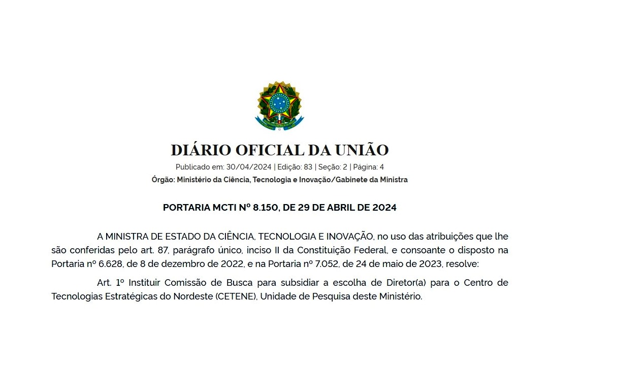 MCTI cria Comissão de Busca para escolha de Diretor(a) do CETENE
