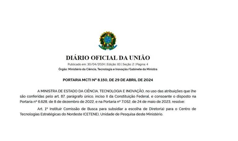 MCTI cria Comissão de Busca para escolha de Diretor(a) do CETENE