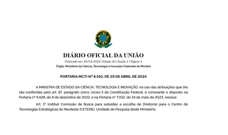 MCTI cria Comissão de Busca para escolha de Diretor(a) do CETENE