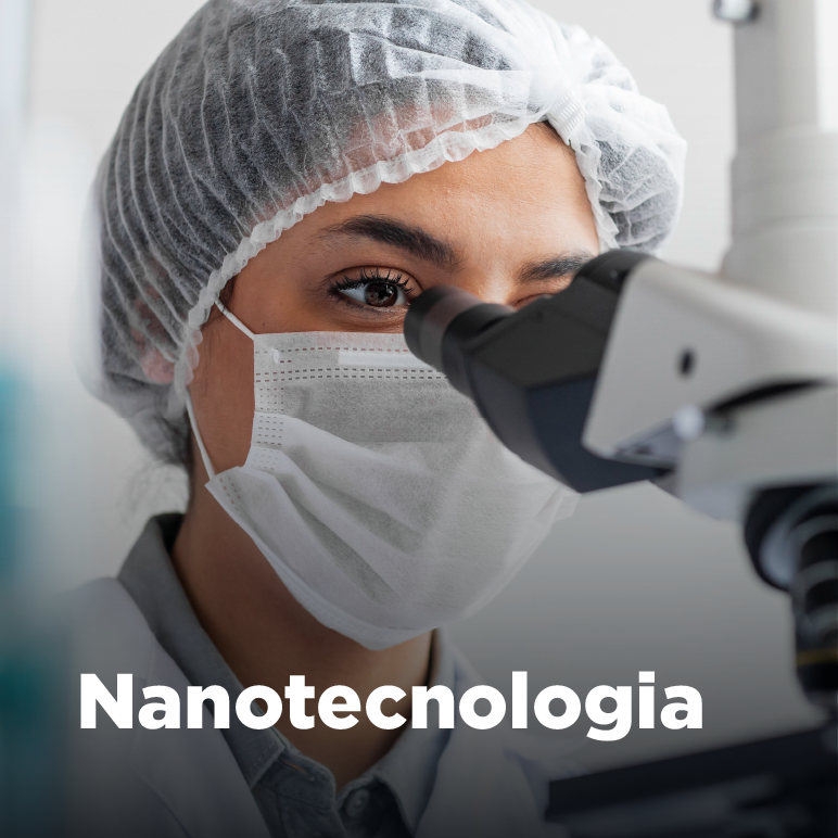 Pesquisadora com máscara usa microscópio. Texto: Nanotecnologia.