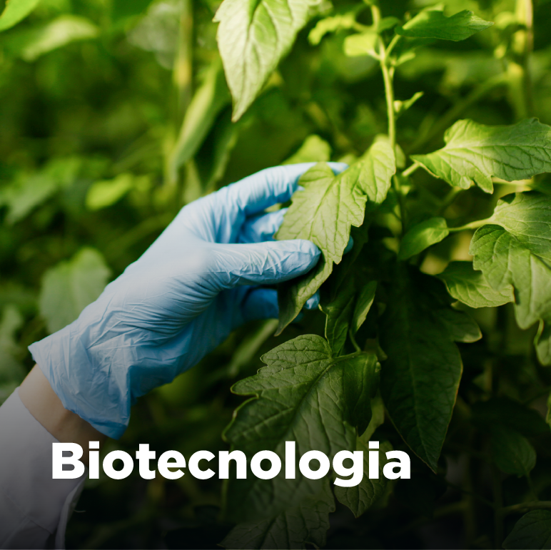 Mão com luva segura folha verde. Texto: Biotecnologia.