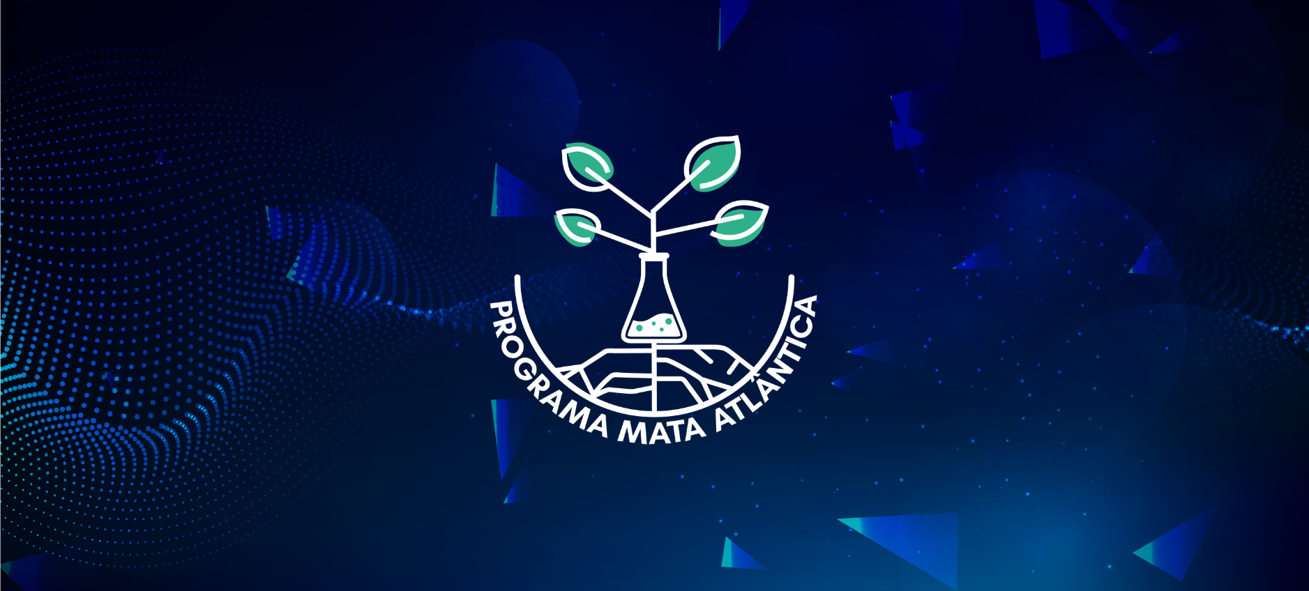 Logotipo do programa Mata Atlântica sobre fundo azul.