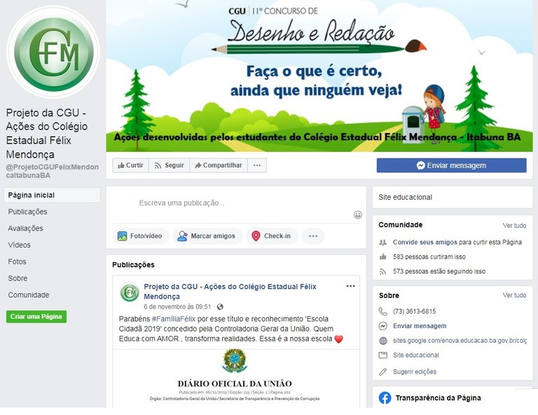 O Colégio Estadual Félix Mendonça criou uma página no facebook para postagem de todas as ações (vídeos, cordéis, fotos) realizadas como forma de sensibilizar e envolver a comunidade. (https://www.facebook.com/ProjetoCGUFelixMendoncaItabunaBA/)
