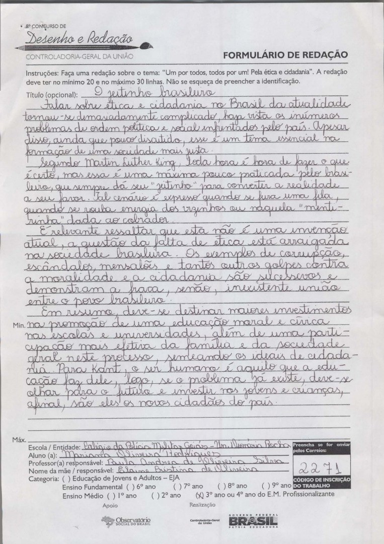 Mariana Oliveira Rodrigues- Colégio da Polícia Militar de Goiás - Unidade Dionária Rocha