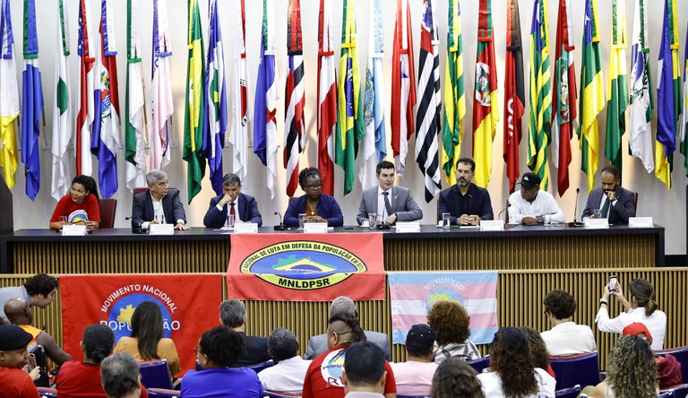 Na bancada um grupo de pessoas sentadas, ao fundo bandeiras dos estados brasileiros e grupo de pessoas sentadas num auditório.