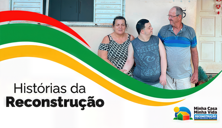 Na foto Ângela, seu marido e o filho em frente a sua nova casa do programa Minha Casa, Minha Vida Reconstrução Rio Grande do Sul