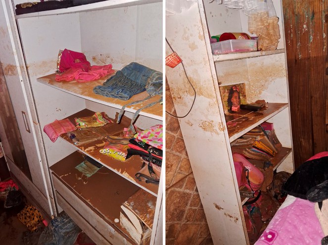 Nas fotos lado a lado, os móveis estragados durente a enchente