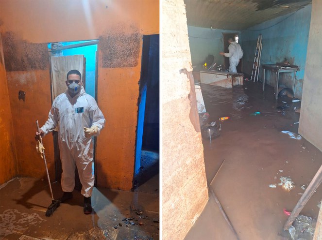 Nas fotos a destruição causada pelas enchentes em dois ambientes da casa de Anderson