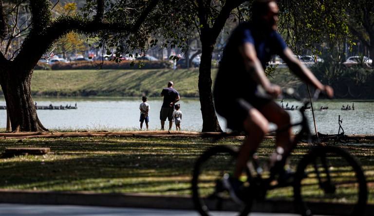 Homem andando de bicicleta no parque Ibirapuera