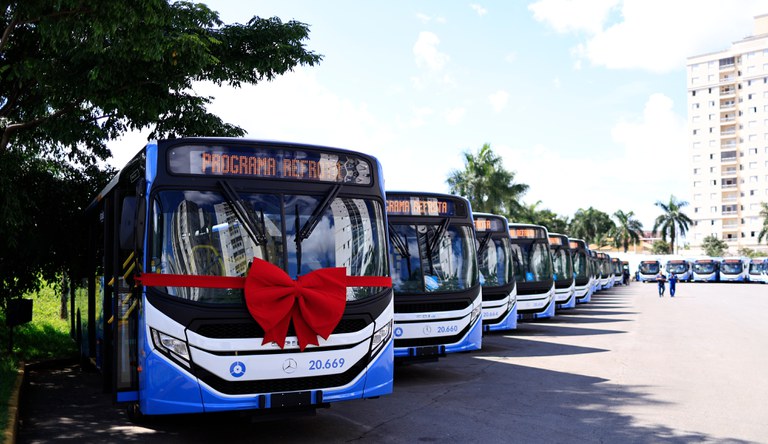 Na imagem há ônibus do transporte público