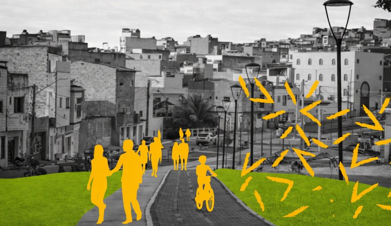 Na imagem, arte gráfica de pessoas andando na rua, ao fundo imagem de cidade