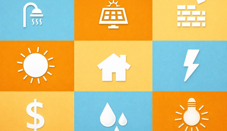 Arte gráfica com símbolos de sol, casa, chuveiro para representar curso de habitação social