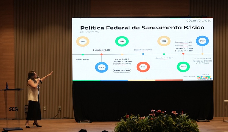 Na imagem mulher com microfone aponta para painel com dados do saneamento no Brasil.