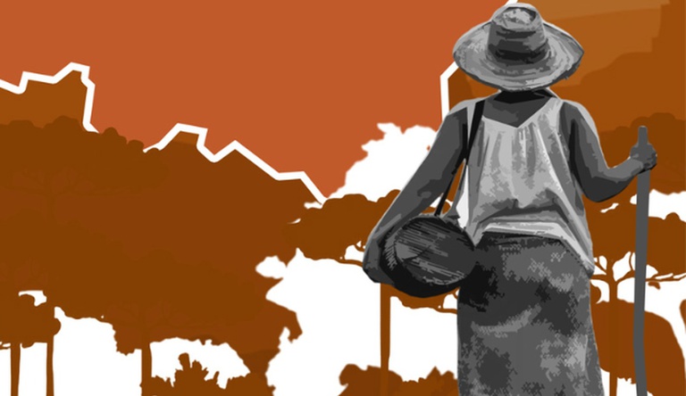 Banner laranja com figura de mulher do campo