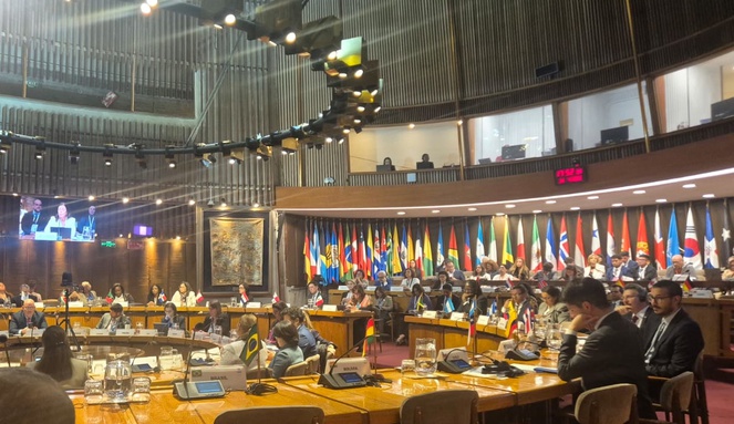 Na imagem auditório com pessoas sentadas e uma usa microfone para discursar.