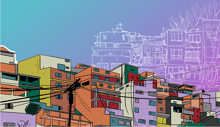 Na imagem desenho de uma favela