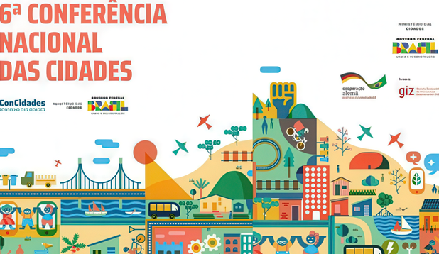 Banner Conferência Nacional das Cidades que remete a uma favela brasileira.