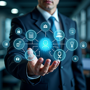 Homem de terno com a mão segurando um holograma digital