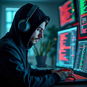 Homem de capuz com as mãos sobre um teclado