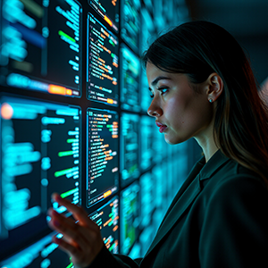 Mulher de pé olhando e com a mão sobre diversas telas de computadores