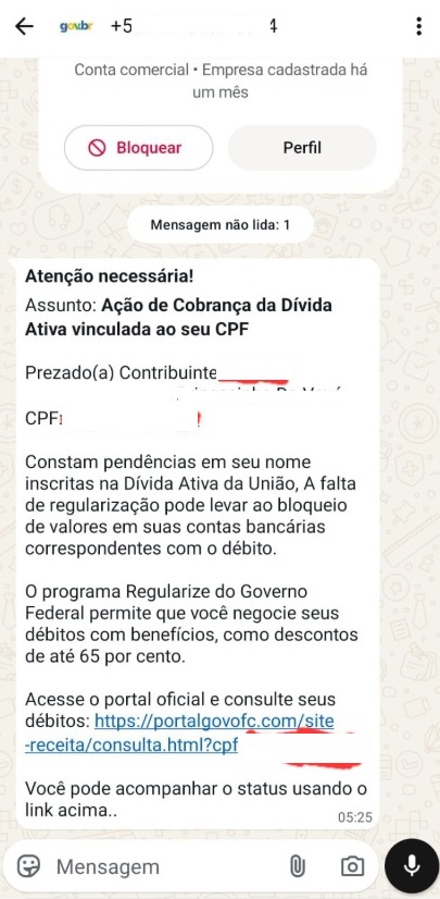 Exemplo de mensagem fraudulenta 1