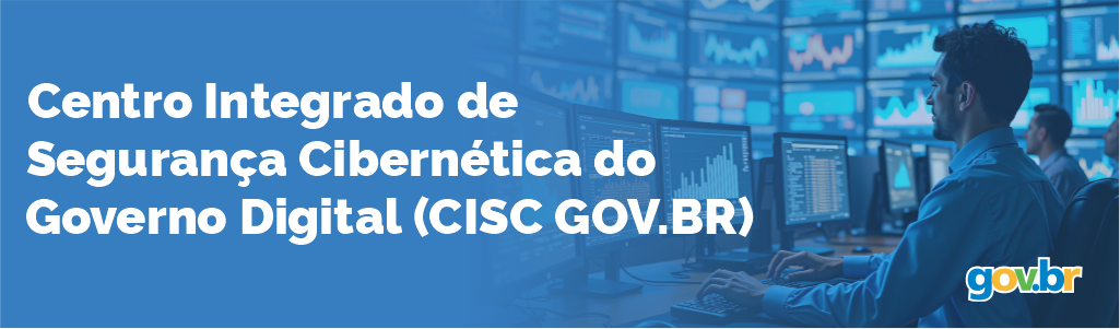 Homens sentados em frente a computadores . Texto Centro Integrado de Segurança Cibernética