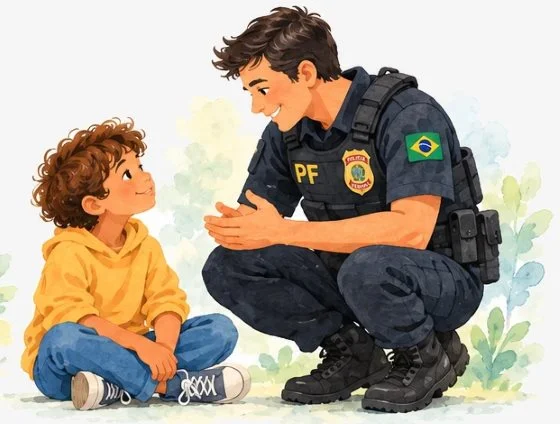 Policial federal agachado conversando com um menino sentado, em aquarela