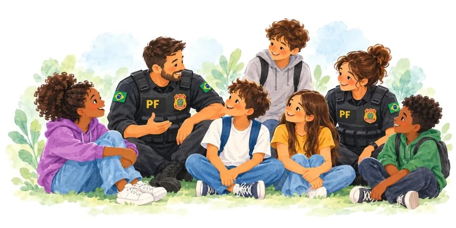 Policiais federais sentados na grama conversando com crianças e adolescentes, em aquarela