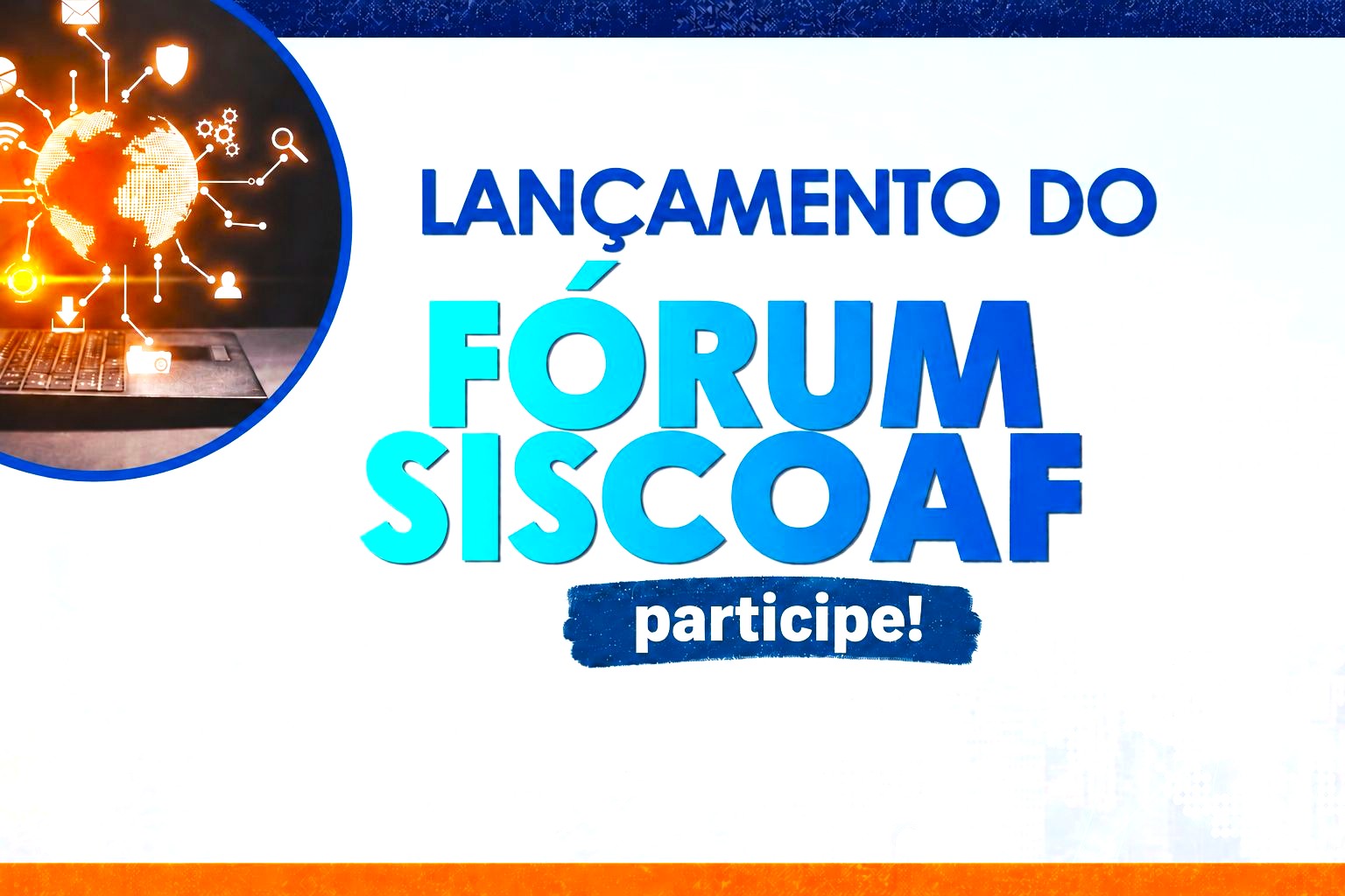 Banner fundo branco com letras azuis e globo alaranjado.