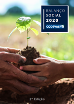 Capa do documento “Balanço Social 2020” da Codevasf, com o título em um quadro azul sobre imagem de duas pessoas segurando uma muda de planta com terra.