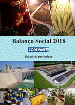 Capa do documento “Balanço Social 2018 – Relatório preliminar” da Codevasf, com título sobre fundo azul e imagens de frutas, cultivo agrícola, instalações industriais, produção de alimentos e trabalhadores.