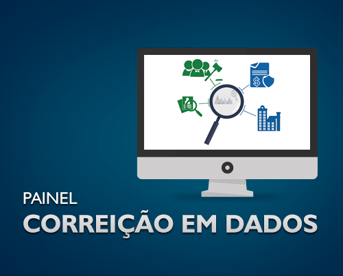 Imagem de monitor com ícones relacionados a análise de dados, com o texto “Painel Correção em Dados”