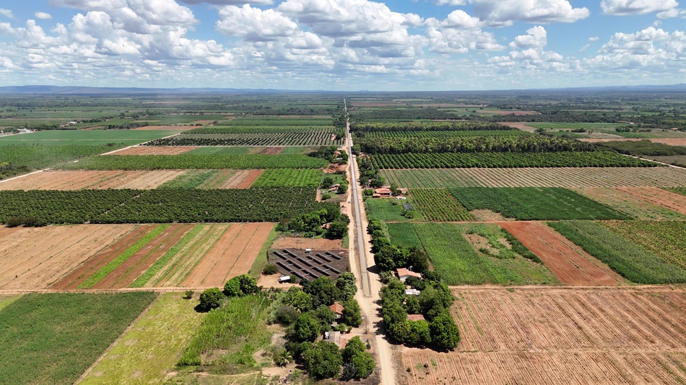 Vista aérea de área agrícola irrigada no Projeto Jaíba, com lotes e estradas.