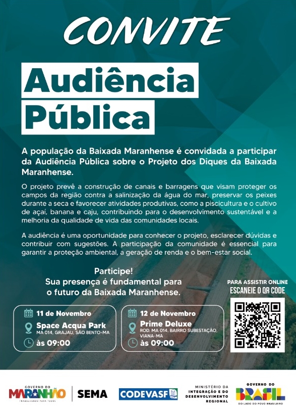 Cartaz de convite para audiência pública sobre o projeto dos diques da Baixada Maranhense.