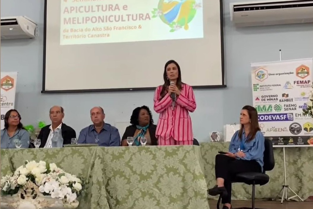 Mulher de terno rosa listrado fala ao microfone de pé, ao lado de pessoas sentadas em uma mesa.