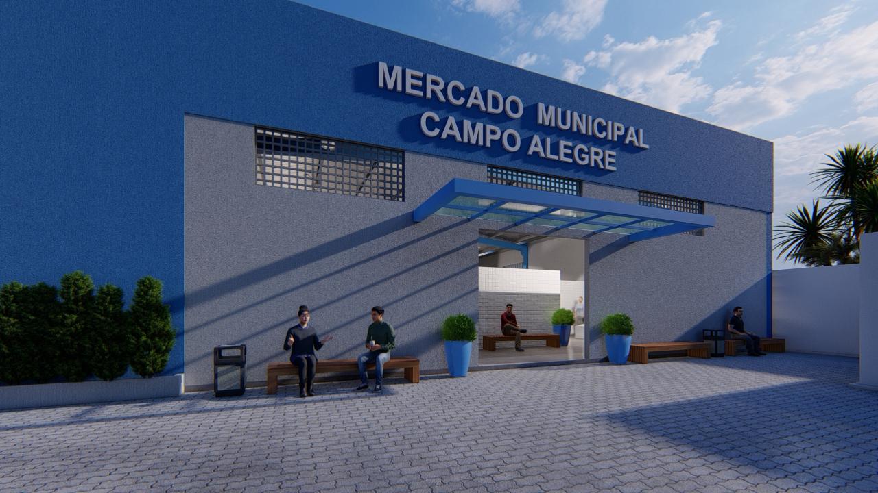 Fachada do Mercado Municipal de Campo Alegre com cobertura de acesso e bancos externos.