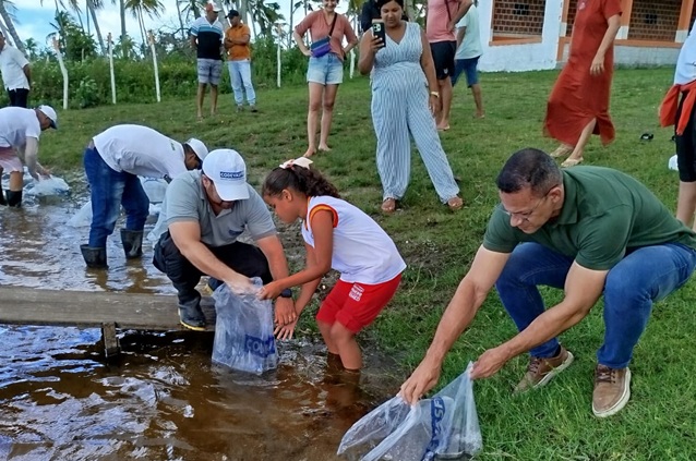 Pessoas soltam peixes em lago às margens gramadas.