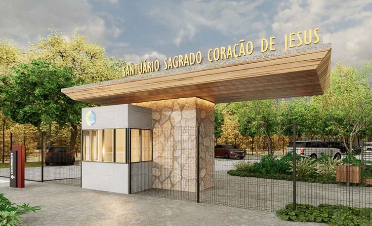 Entrada do Santuário Sagrado Coração de Jesus com guarita e área arborizada
