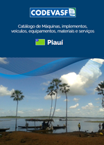 Catálogo Codevasf Piauí com paisagem rural e palmeiras.