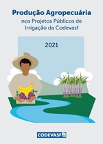 Produção agropecuária em projetos de irrigação com ilustração rural estilizada.