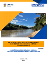Plano de recursos hídricos do rio Itapecuru com paisagem fluvial e identidade institucional.