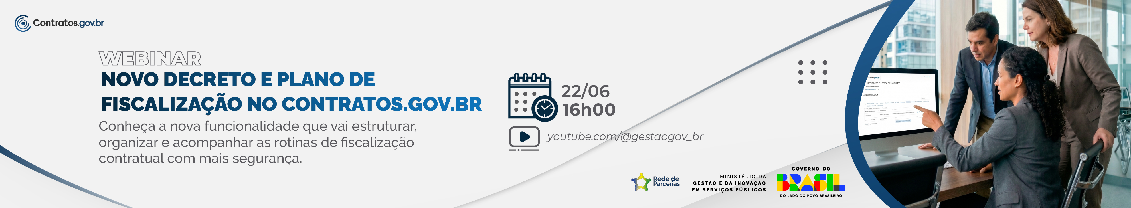 banner com imagem de pessoas olhando tela do computador em escritório
