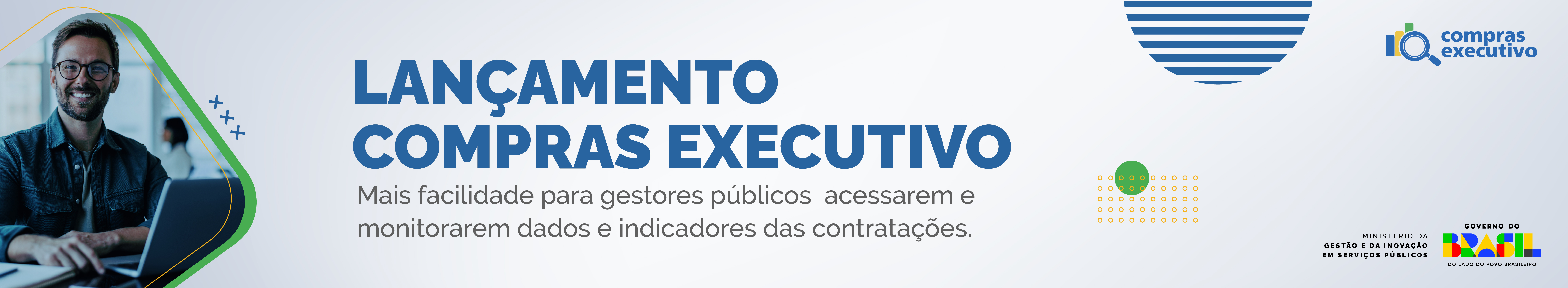 Banner digital de divulgação de webinar. À esquerda, uma pessoa sorridente usando um laptop. À direita, em fundo azul e verde, estão as informações do evento: título "Lançamento Compras Executivo", com descrição "Mais facilidade para gestores públicos acessarem e monitorarem dados e indicadores das contratações". A data é 8 de dezembro, às 14h30, com transmissão pelo canal do YouTube "https://www.youtube.com/@gestaogov_br". Na parte inferior, há logotipos do Governo Federal, do Ministério da Gestão e da Inovação em Serviços Públicos e do Governo do Brasil.
