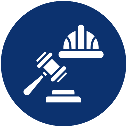 Fundo azul com um ícone de capacete e martelo da lei