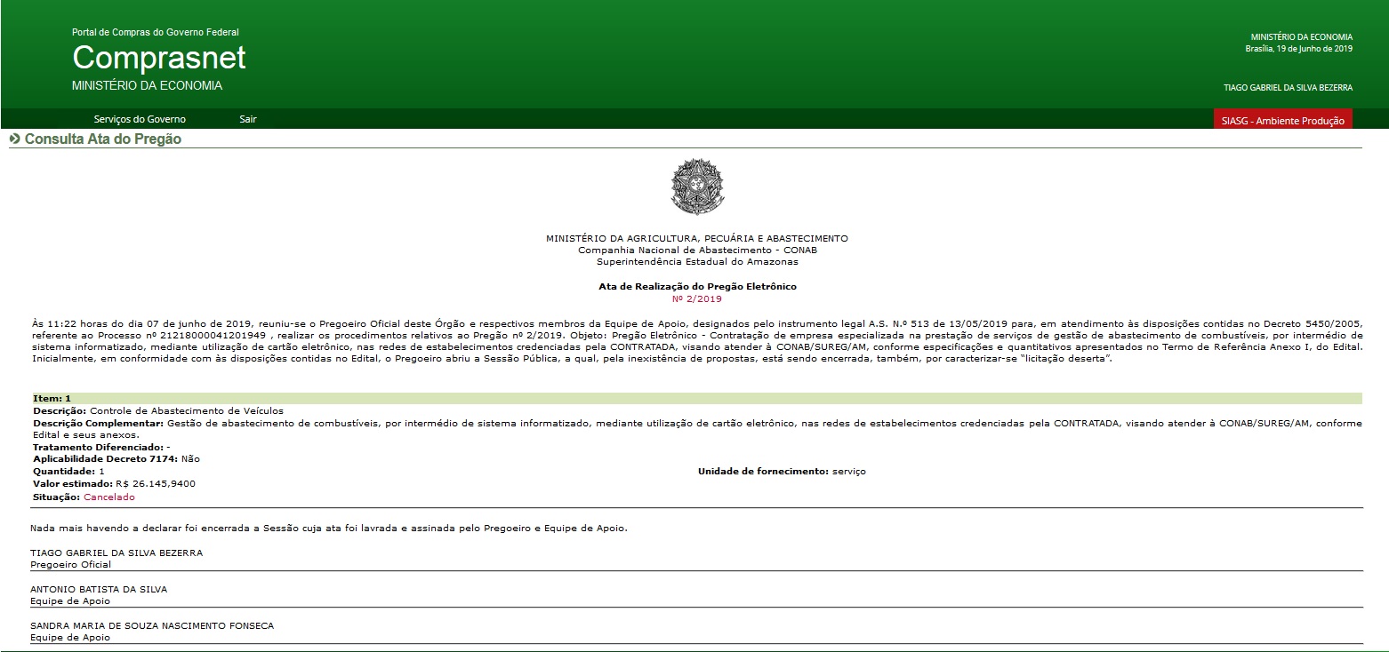 Edital de Pregão Eletrônico Ata do Pregão Deserto Conab/Sureg-AM nº 02/2019